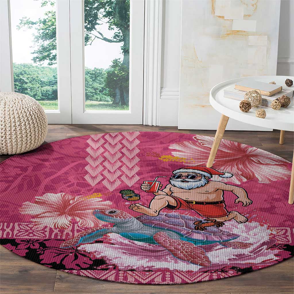 Hawaii Mele Kalikimaka Round Carpet Funny Santa with Tribal Tattoos Kakau Pink Color LT03 - Polynesian Pride