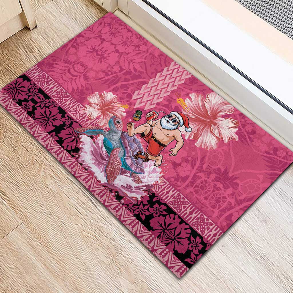 Hawaii Mele Kalikimaka Rubber Doormat Funny Santa with Tribal Tattoos Kakau Pink Color LT03 - Polynesian Pride