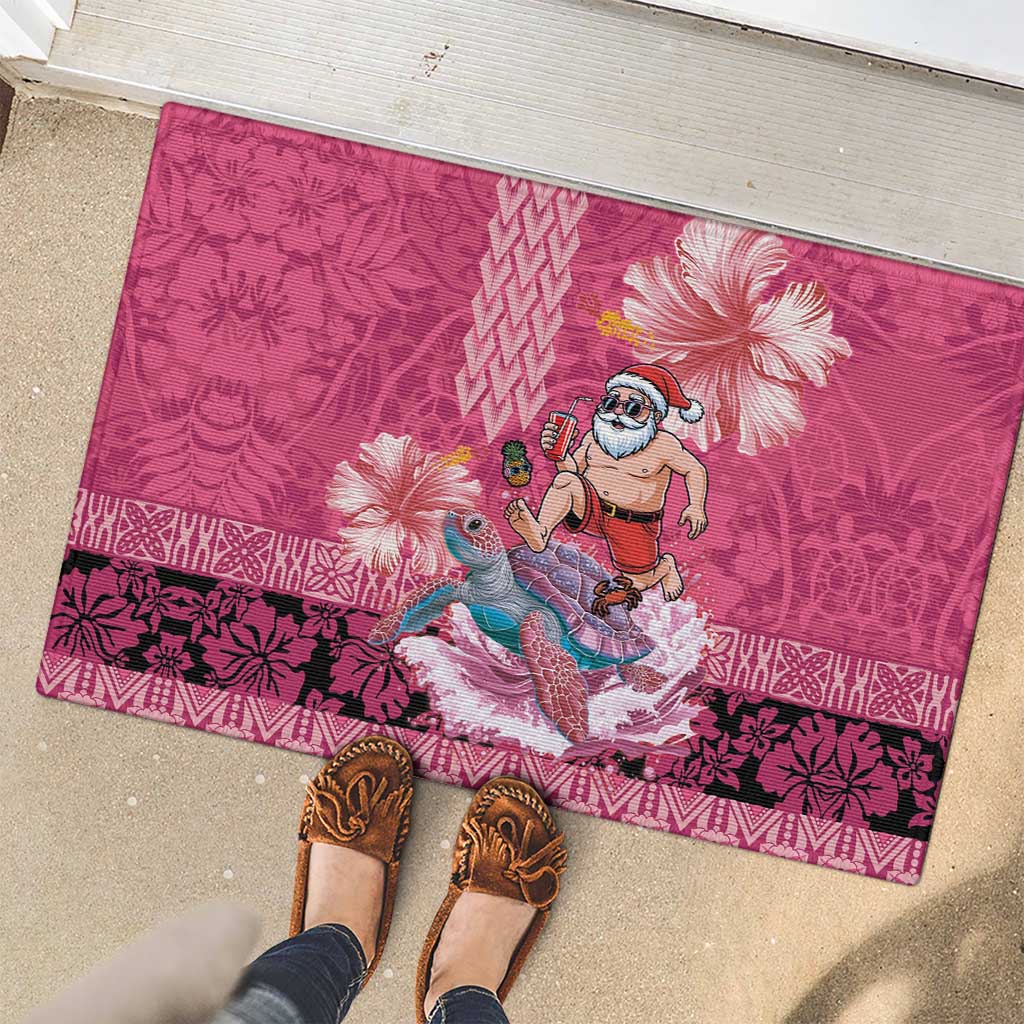 Hawaii Mele Kalikimaka Rubber Doormat Funny Santa with Tribal Tattoos Kakau Pink Color LT03 - Polynesian Pride