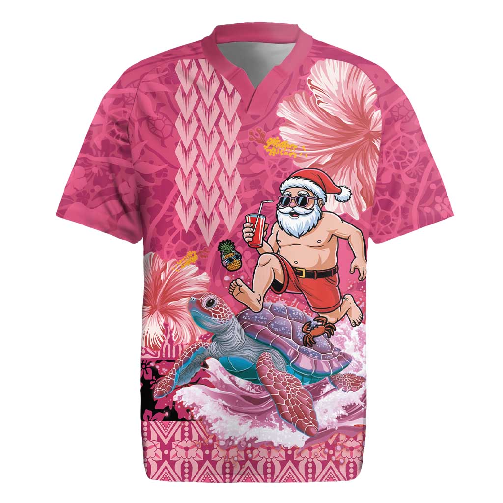Hawaii Mele Kalikimaka Rugby Jersey Funny Santa with Tribal Tattoos Kakau Pink Color LT03 Pink - Polynesian Pride
