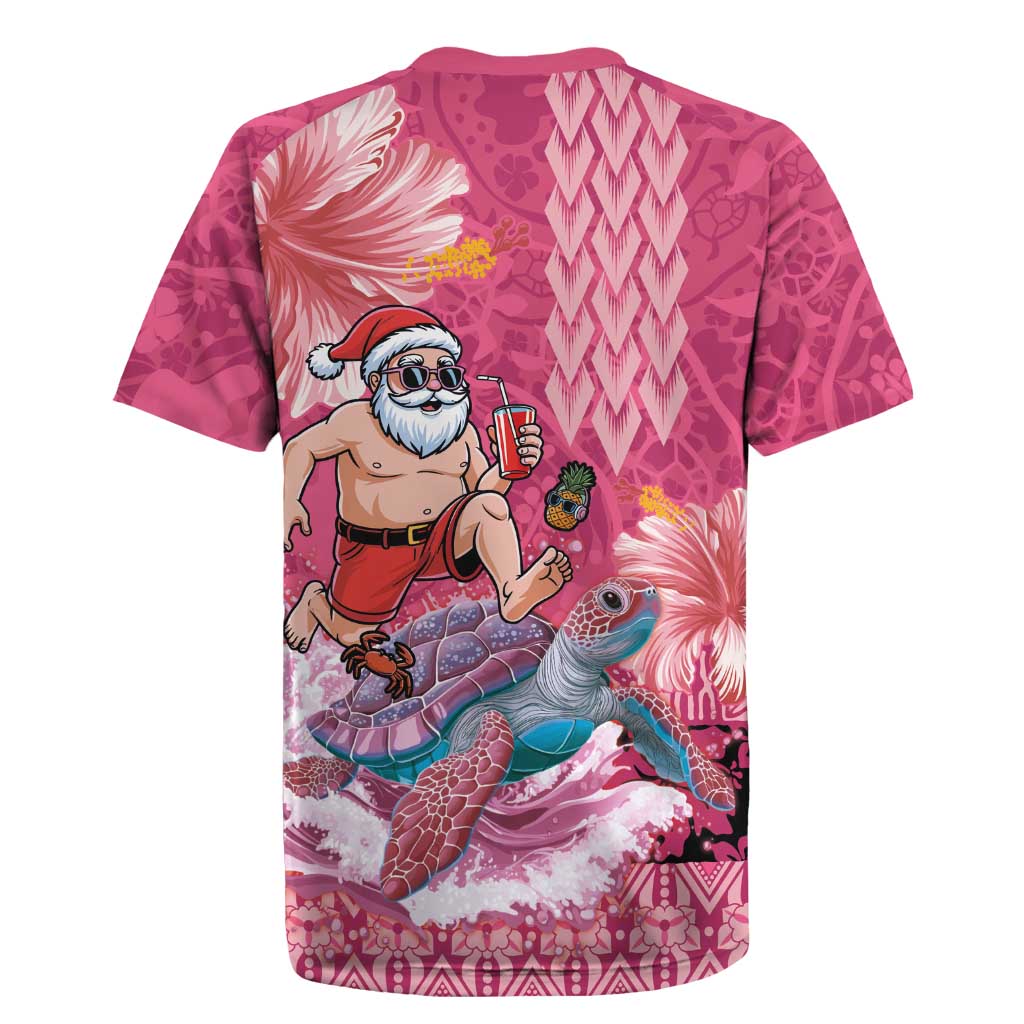 Hawaii Mele Kalikimaka Rugby Jersey Funny Santa with Tribal Tattoos Kakau Pink Color LT03 - Polynesian Pride