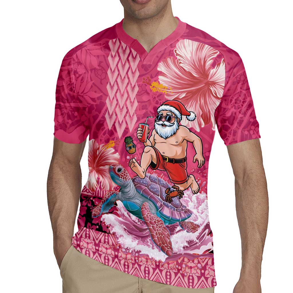 Hawaii Mele Kalikimaka Rugby Jersey Funny Santa with Tribal Tattoos Kakau Pink Color LT03 - Polynesian Pride