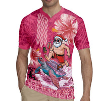 Hawaii Mele Kalikimaka Rugby Jersey Funny Santa with Tribal Tattoos Kakau Pink Color LT03 - Polynesian Pride