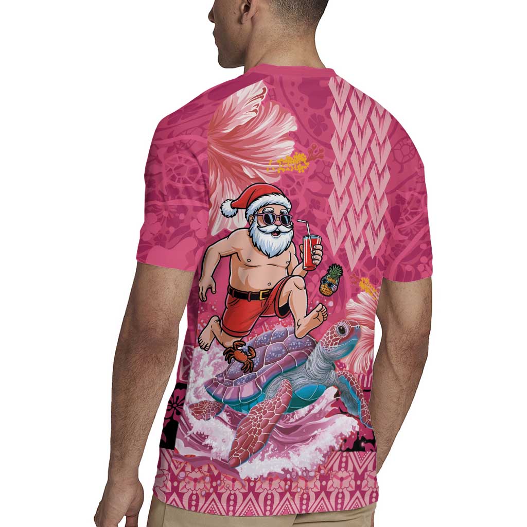 Hawaii Mele Kalikimaka Rugby Jersey Funny Santa with Tribal Tattoos Kakau Pink Color LT03 - Polynesian Pride