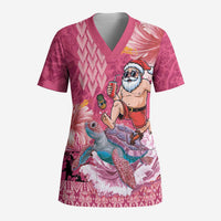 Hawaii Mele Kalikimaka Scrub Top Funny Santa with Tribal Tattoos Kakau Pink Color LT03 Adult Pink - Polynesian Pride