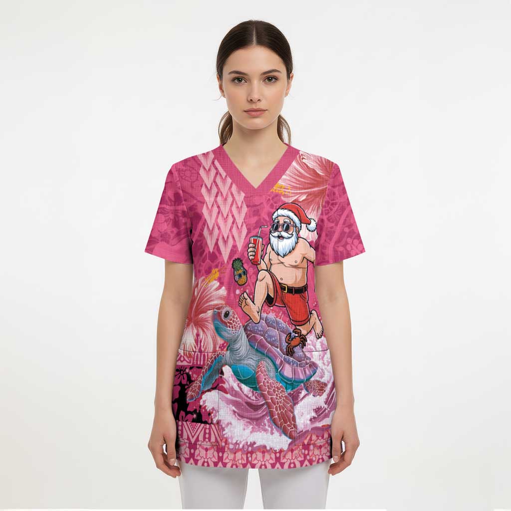 Hawaii Mele Kalikimaka Scrub Top Funny Santa with Tribal Tattoos Kakau Pink Color LT03 - Polynesian Pride