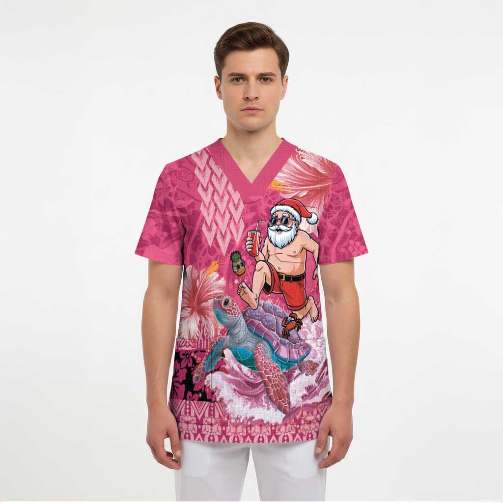 Hawaii Mele Kalikimaka Scrub Top Funny Santa with Tribal Tattoos Kakau Pink Color LT03 - Polynesian Pride