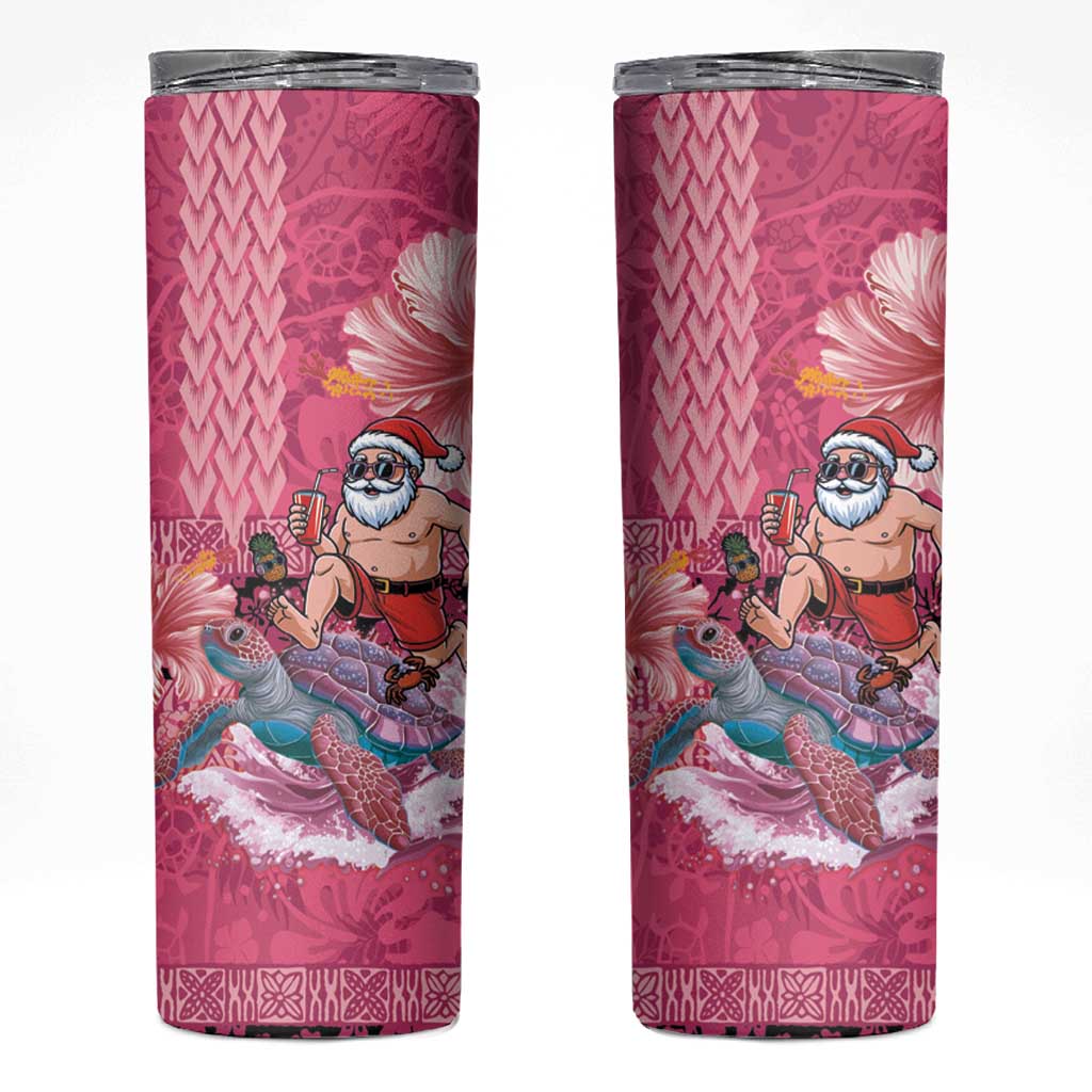 Hawaii Mele Kalikimaka Skinny Tumbler Funny Santa with Tribal Tattoos Kakau Pink Color LT03 Pink - Polynesian Pride