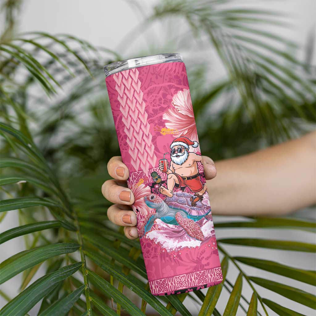 Hawaii Mele Kalikimaka Skinny Tumbler Funny Santa with Tribal Tattoos Kakau Pink Color LT03 - Polynesian Pride