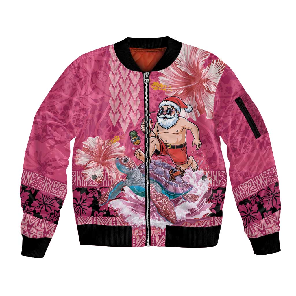 Hawaii Mele Kalikimaka Sleeve Zip Bomber Jacket Funny Santa with Tribal Tattoos Kakau Pink Color LT03 Unisex Pink - Polynesian Pride