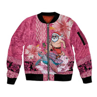 Hawaii Mele Kalikimaka Sleeve Zip Bomber Jacket Funny Santa with Tribal Tattoos Kakau Pink Color LT03 Unisex Pink - Polynesian Pride