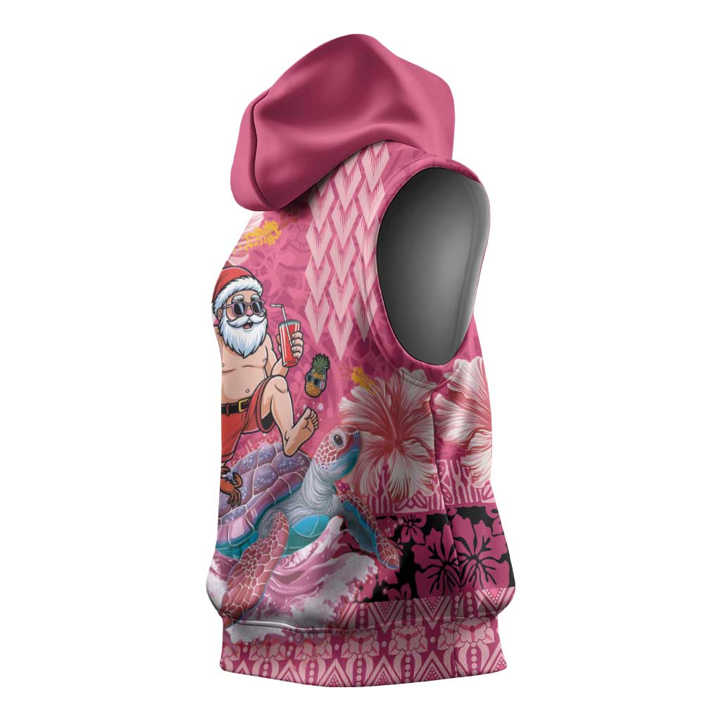 Hawaii Mele Kalikimaka Sleeveless Hoodie Funny Santa with Tribal Tattoos Kakau Pink Color LT03 - Polynesian Pride