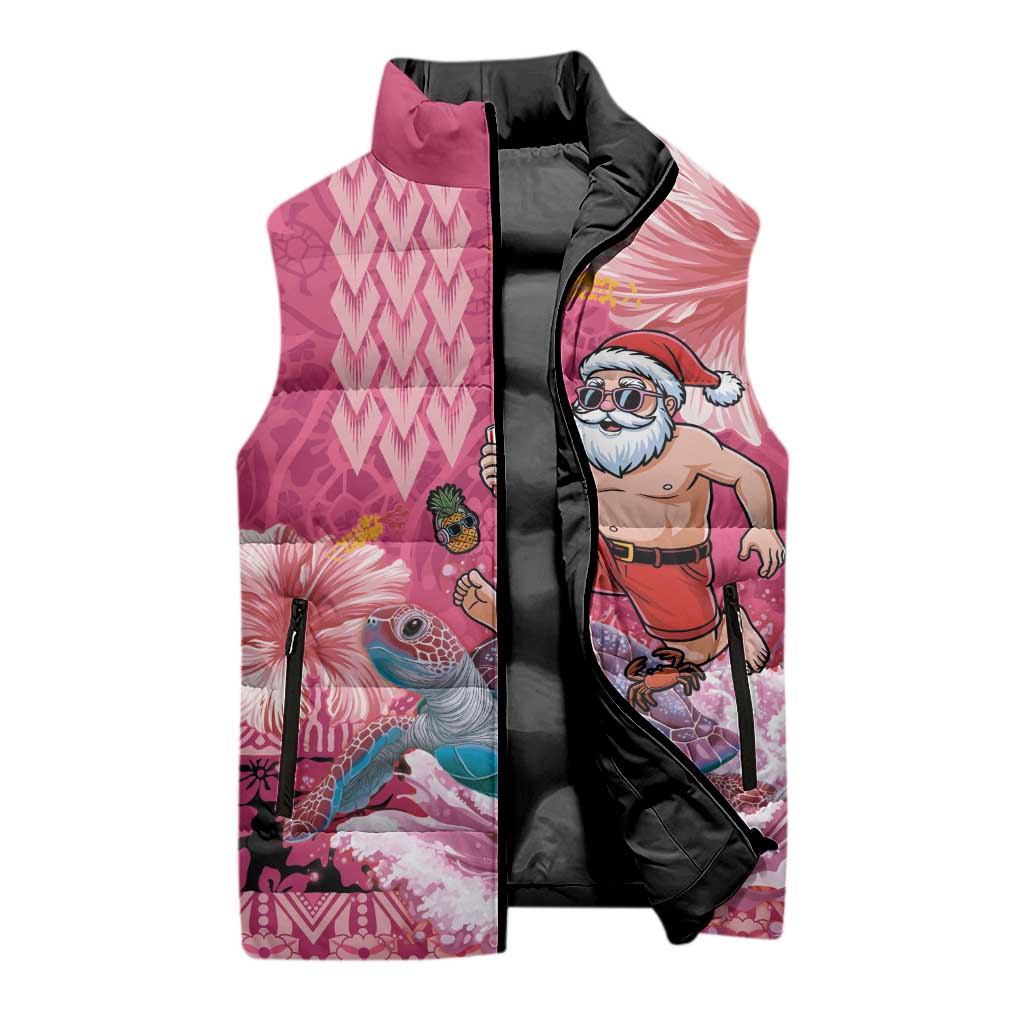 Hawaii Mele Kalikimaka Sleeveless Puffer Jacket Funny Santa with Tribal Tattoos Kakau Pink Color LT03 - Polynesian Pride