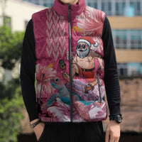 Hawaii Mele Kalikimaka Sleeveless Puffer Jacket Funny Santa with Tribal Tattoos Kakau Pink Color LT03 - Polynesian Pride