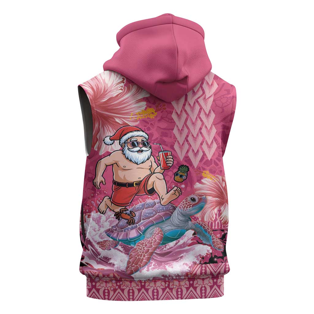 Hawaii Mele Kalikimaka Sleeveless Zip Hoodie Funny Santa with Tribal Tattoos Kakau Pink Color LT03 - Polynesian Pride