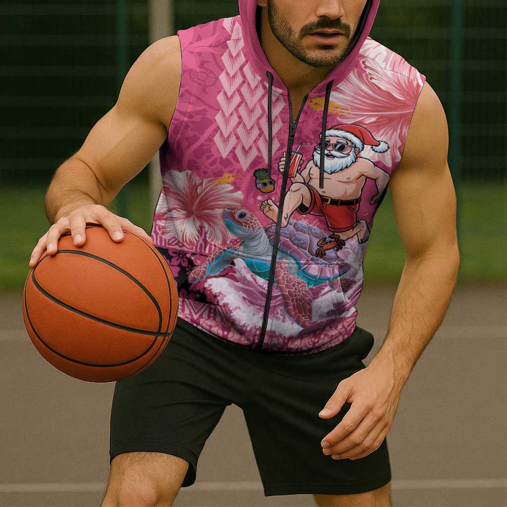 Hawaii Mele Kalikimaka Sleeveless Zip Hoodie Funny Santa with Tribal Tattoos Kakau Pink Color LT03 - Polynesian Pride
