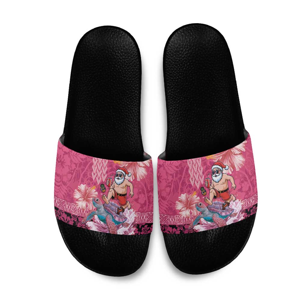 Hawaii Mele Kalikimaka Slide Sandals Funny Santa with Tribal Tattoos Kakau Pink Color LT03 Pink - Polynesian Pride