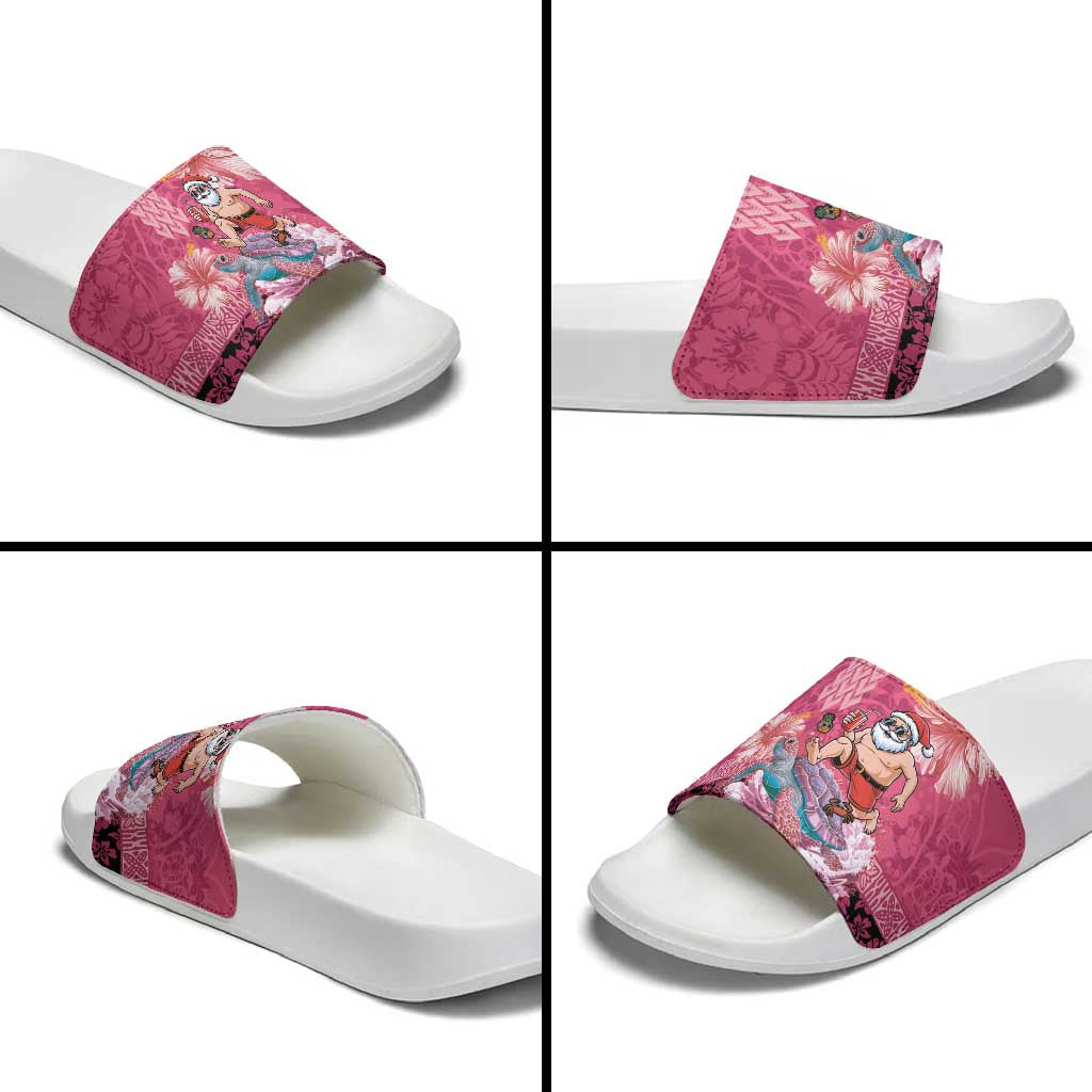 Hawaii Mele Kalikimaka Slide Sandals Funny Santa with Tribal Tattoos Kakau Pink Color LT03 - Polynesian Pride
