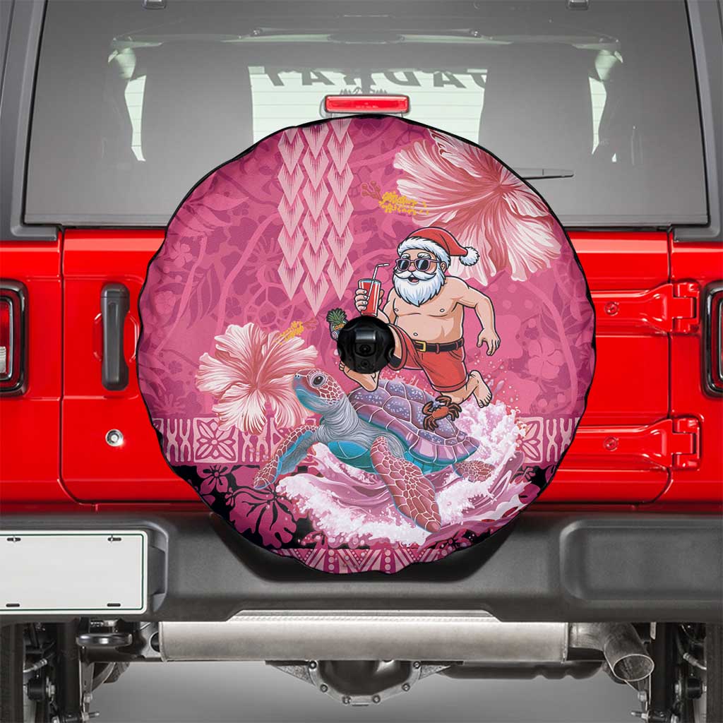 Hawaii Mele Kalikimaka Spare Tire Cover Funny Santa with Tribal Tattoos Kakau Pink Color LT03 - Polynesian Pride