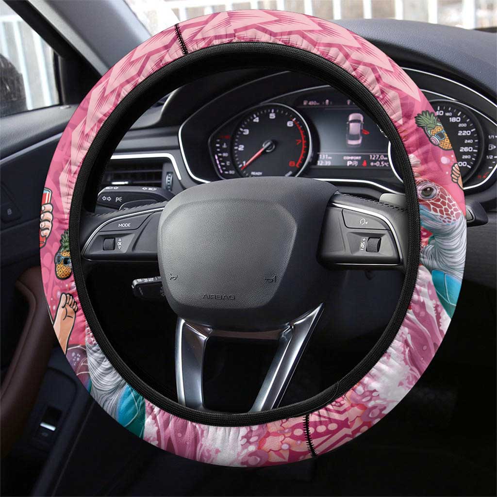 Hawaii Mele Kalikimaka Steering Wheel Cover Funny Santa with Tribal Tattoos Kakau Pink Color LT03 - Polynesian Pride