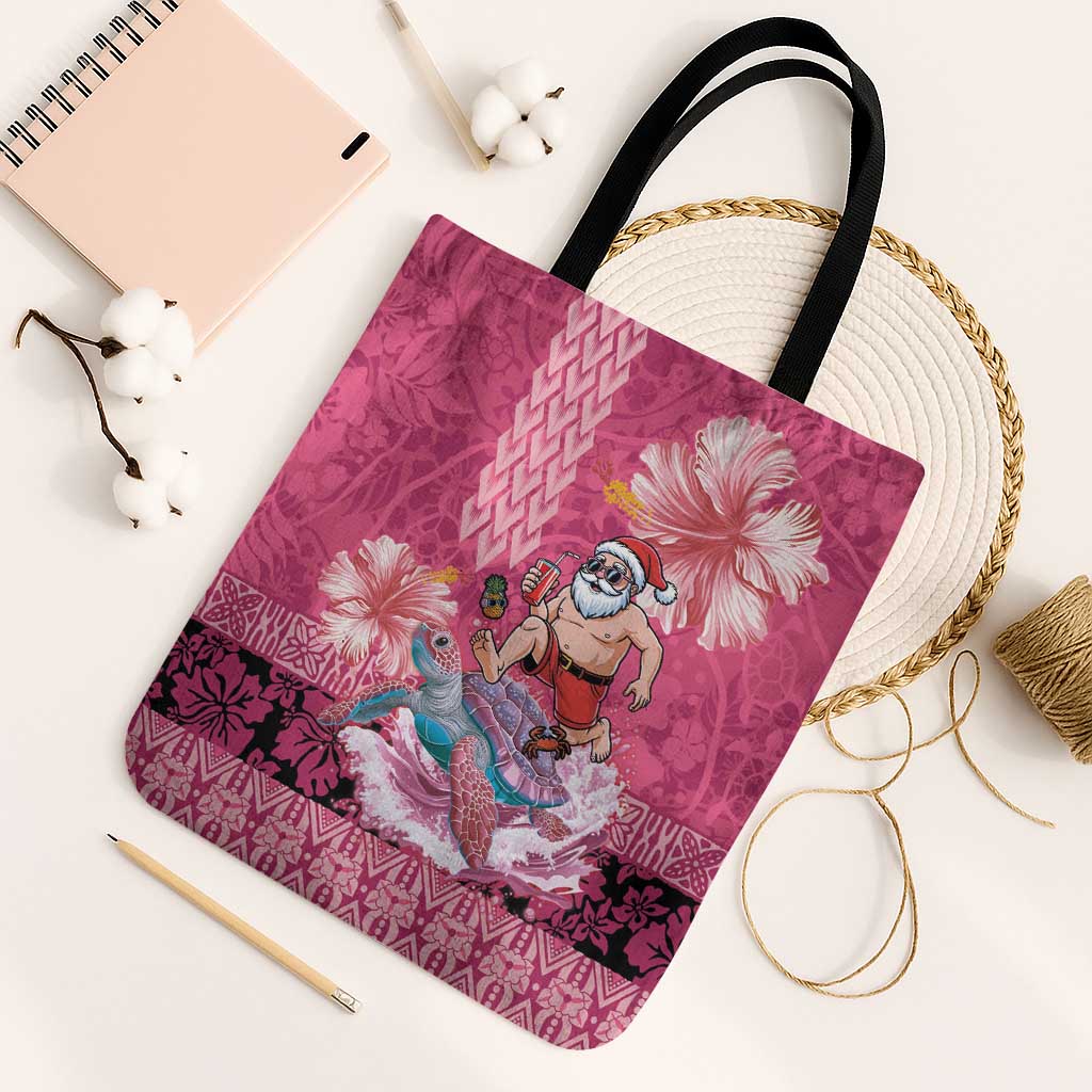 Hawaii Mele Kalikimaka Tote Bag Funny Santa with Tribal Tattoos Kakau Pink Color LT03 Black Strap One Size Pink - Polynesian Pride