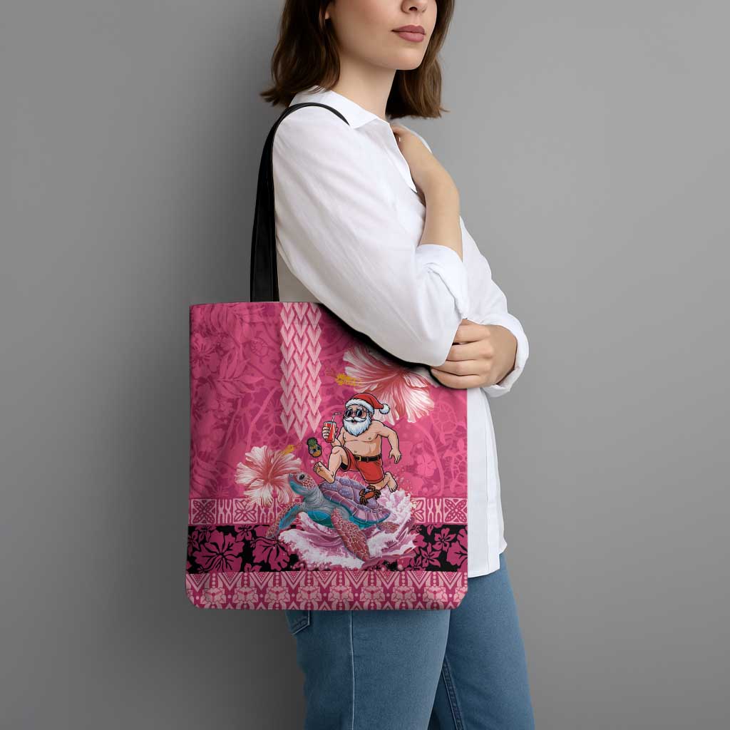 Hawaii Mele Kalikimaka Tote Bag Funny Santa with Tribal Tattoos Kakau Pink Color LT03 - Polynesian Pride