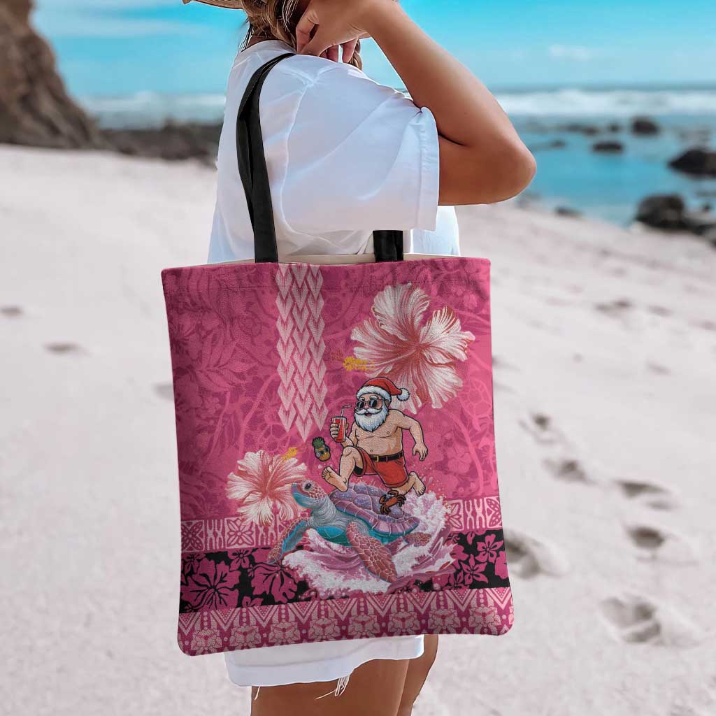 Hawaii Mele Kalikimaka Tote Bag Funny Santa with Tribal Tattoos Kakau Pink Color LT03 - Polynesian Pride