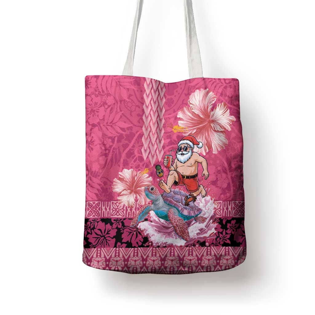 Hawaii Mele Kalikimaka Tote Bag Funny Santa with Tribal Tattoos Kakau Pink Color LT03 - Polynesian Pride