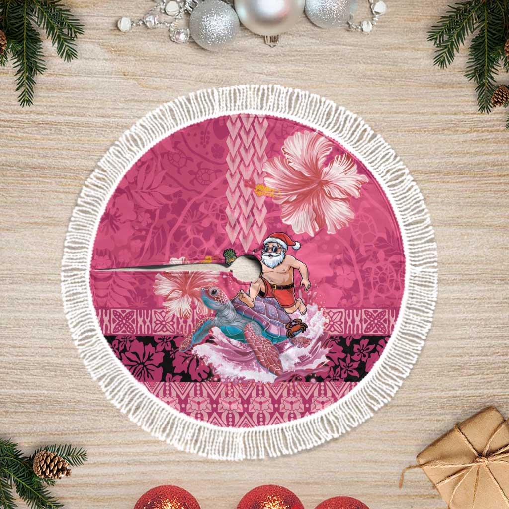 Hawaii Mele Kalikimaka Tree Skirt Funny Santa with Tribal Tattoos Kakau Pink Color LT03 Fringed Pink - Polynesian Pride