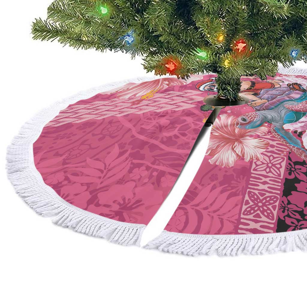 Hawaii Mele Kalikimaka Tree Skirt Funny Santa with Tribal Tattoos Kakau Pink Color LT03 - Polynesian Pride