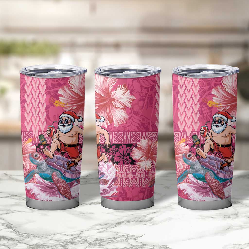 Hawaii Mele Kalikimaka Tumbler Cup Funny Santa with Tribal Tattoos Kakau Pink Color LT03 - Polynesian Pride
