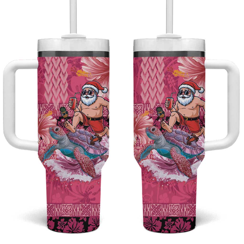 Hawaii Mele Kalikimaka Tumbler With Handle Funny Santa with Tribal Tattoos Kakau Pink Color LT03 One Size: 40 oz Pink - Polynesian Pride