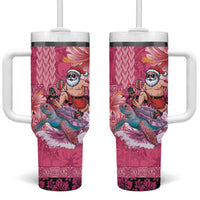 Hawaii Mele Kalikimaka Tumbler With Handle Funny Santa with Tribal Tattoos Kakau Pink Color LT03 One Size: 40 oz Pink - Polynesian Pride