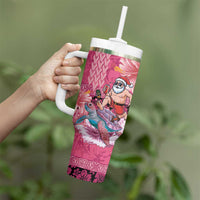 Hawaii Mele Kalikimaka Tumbler With Handle Funny Santa with Tribal Tattoos Kakau Pink Color LT03 - Polynesian Pride