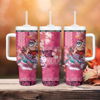 Hawaii Mele Kalikimaka Tumbler With Handle Funny Santa with Tribal Tattoos Kakau Pink Color LT03 - Polynesian Pride
