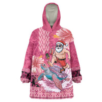 Hawaii Mele Kalikimaka Wearable Blanket Hoodie Funny Santa with Tribal Tattoos Kakau Pink Color LT03 One Size Pink - Polynesian Pride