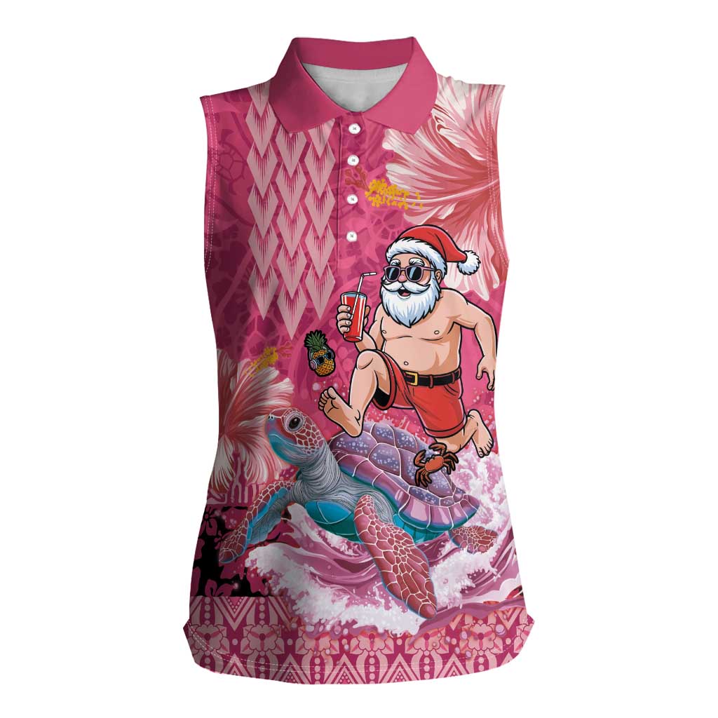 Hawaii Mele Kalikimaka Women Sleeveless Polo Shirt Funny Santa with Tribal Tattoos Kakau Pink Color LT03 Female Pink - Polynesian Pride