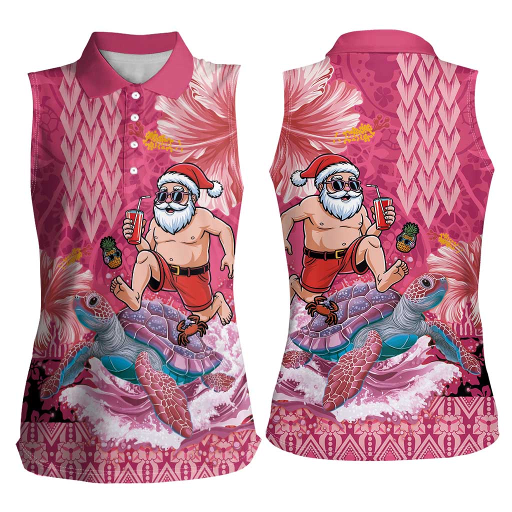 Hawaii Mele Kalikimaka Women Sleeveless Polo Shirt Funny Santa with Tribal Tattoos Kakau Pink Color LT03 - Polynesian Pride