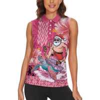 Hawaii Mele Kalikimaka Women Sleeveless Polo Shirt Funny Santa with Tribal Tattoos Kakau Pink Color LT03 - Polynesian Pride