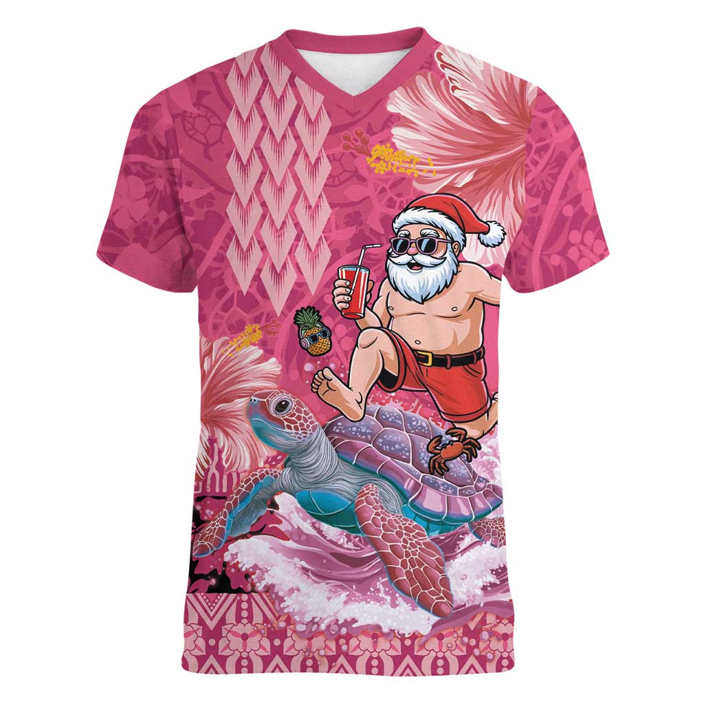 Hawaii Mele Kalikimaka Women V-Neck T-Shirt Funny Santa with Tribal Tattoos Kakau Pink Color LT03 Female Pink - Polynesian Pride