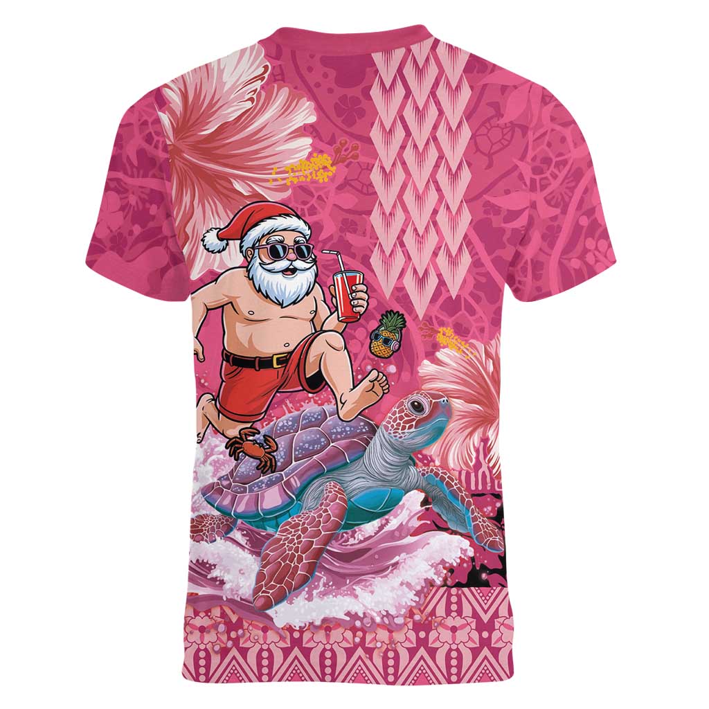 Hawaii Mele Kalikimaka Women V-Neck T-Shirt Funny Santa with Tribal Tattoos Kakau Pink Color LT03 - Polynesian Pride
