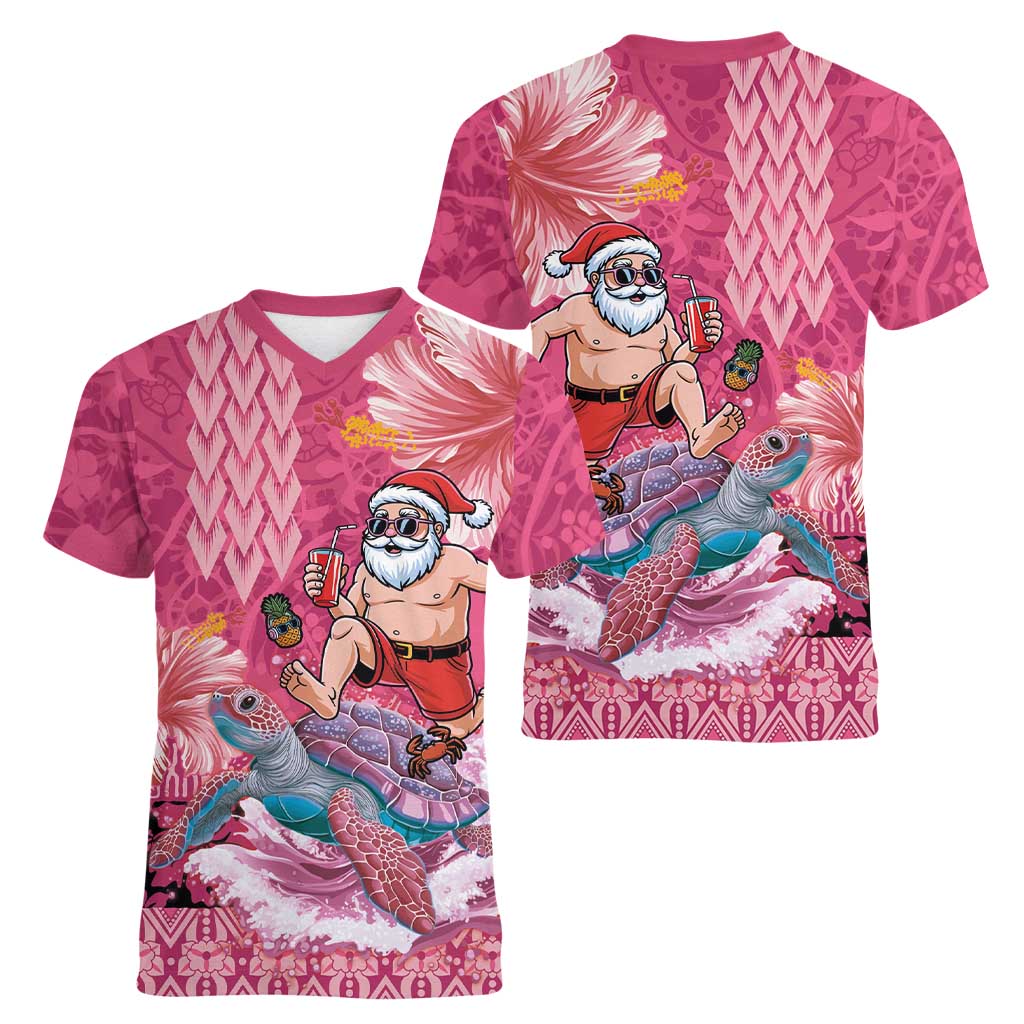 Hawaii Mele Kalikimaka Women V-Neck T-Shirt Funny Santa with Tribal Tattoos Kakau Pink Color LT03 - Polynesian Pride