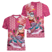 Hawaii Mele Kalikimaka Women V-Neck T-Shirt Funny Santa with Tribal Tattoos Kakau Pink Color LT03 - Polynesian Pride
