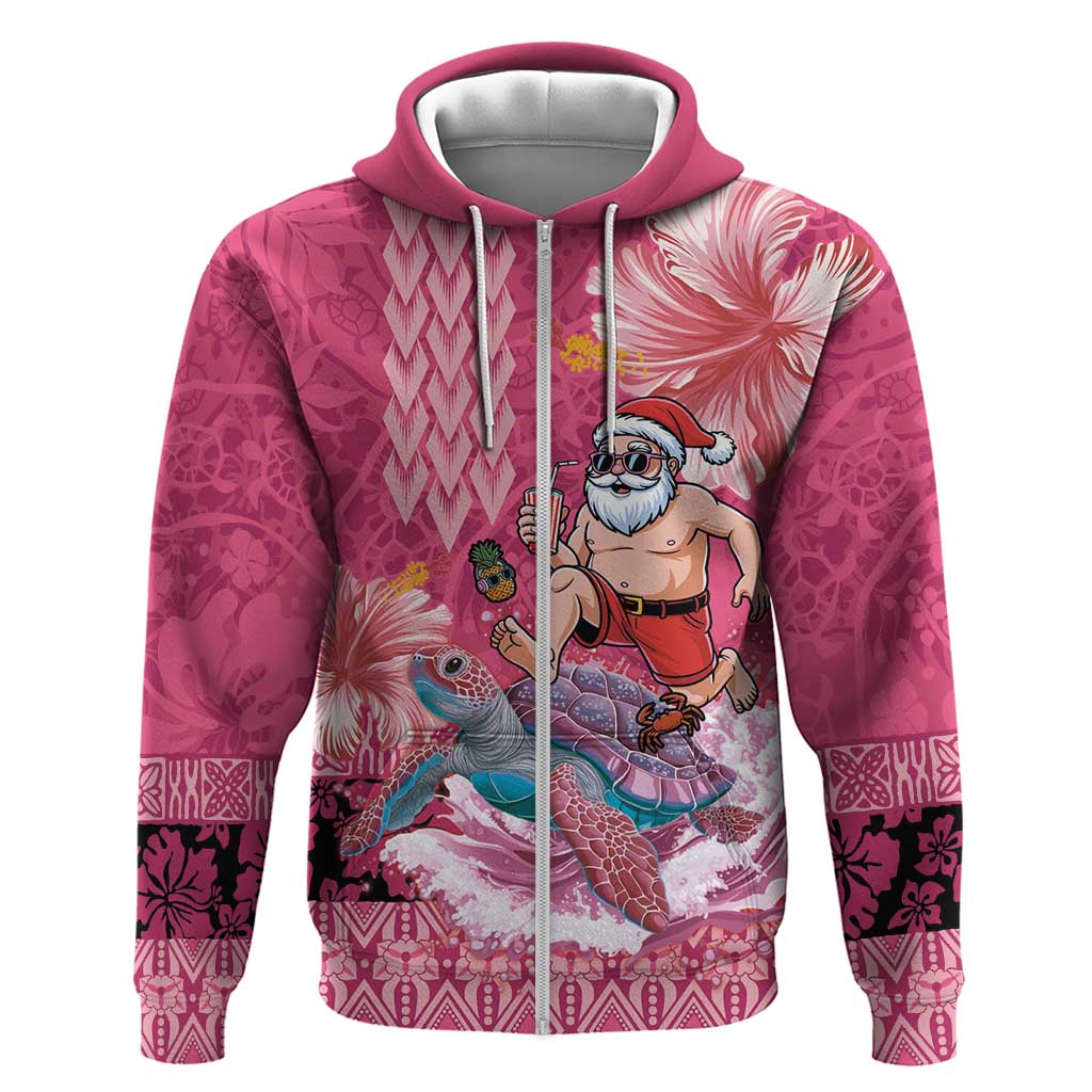 Hawaii Mele Kalikimaka Zip Hoodie Funny Santa with Tribal Tattoos Kakau Pink Color LT03 Zip Hoodie Pink - Polynesian Pride
