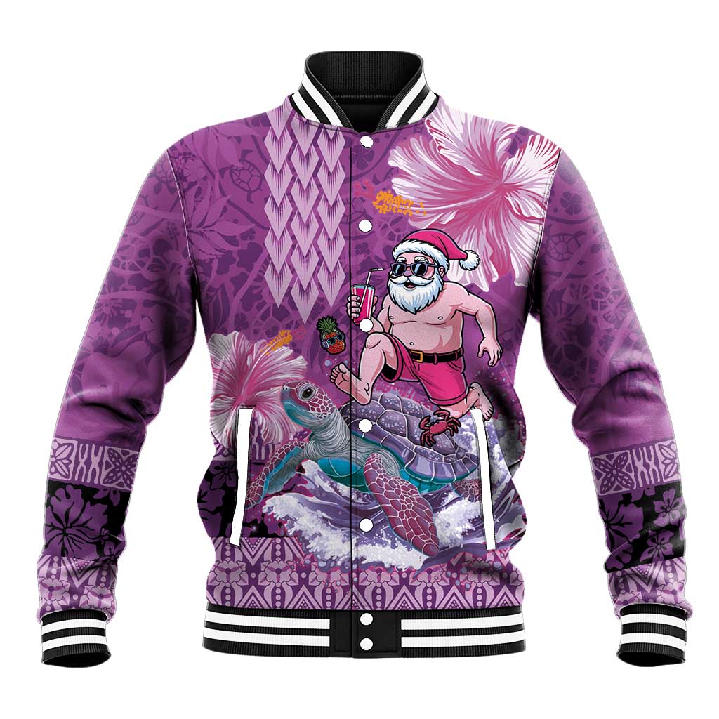 Hawaii Mele Kalikimaka Baseball Jacket Funny Santa with Tribal Tattoos Kakau Purple Color LT03 Unisex Purple - Polynesian Pride