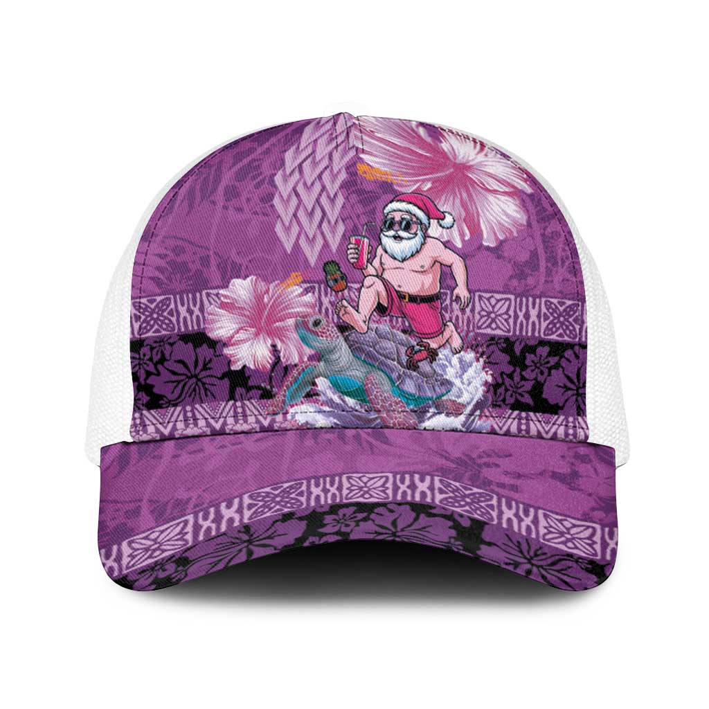 Hawaii Mele Kalikimaka Baseball Net Cap Funny Santa with Tribal Tattoos Kakau Purple Color LT03 One Size White Purple - Polynesian Pride