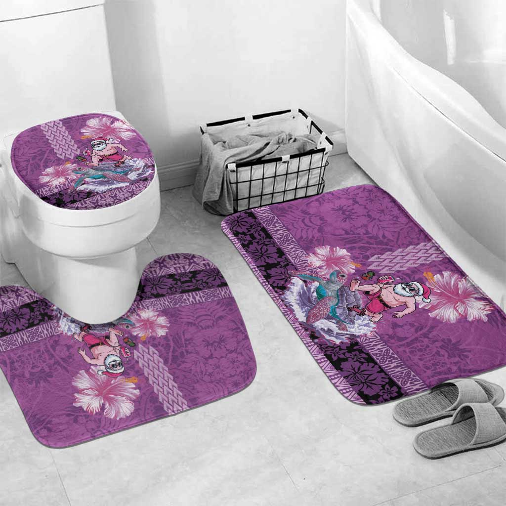 Hawaii Mele Kalikimaka Bathroom Set Funny Santa with Tribal Tattoos Kakau Purple Color LT03 Mat Set Only (3 pcs) One Size Purple - Polynesian Pride