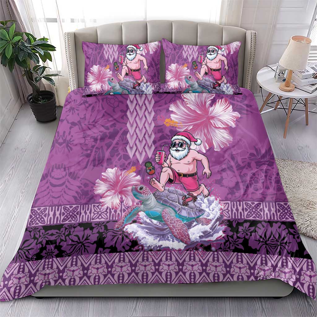 Hawaii Mele Kalikimaka Bedding Set Funny Santa with Tribal Tattoos Kakau Purple Color LT03 - Polynesian Pride