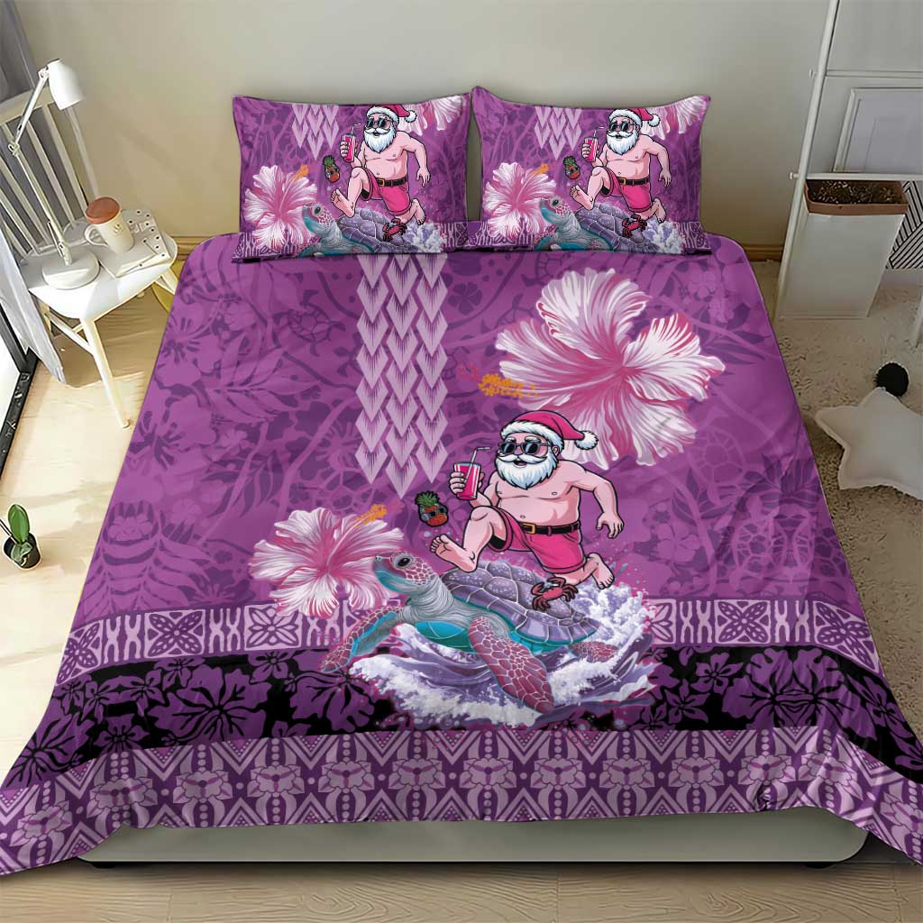 Hawaii Mele Kalikimaka Bedding Set Funny Santa with Tribal Tattoos Kakau Purple Color LT03 - Polynesian Pride