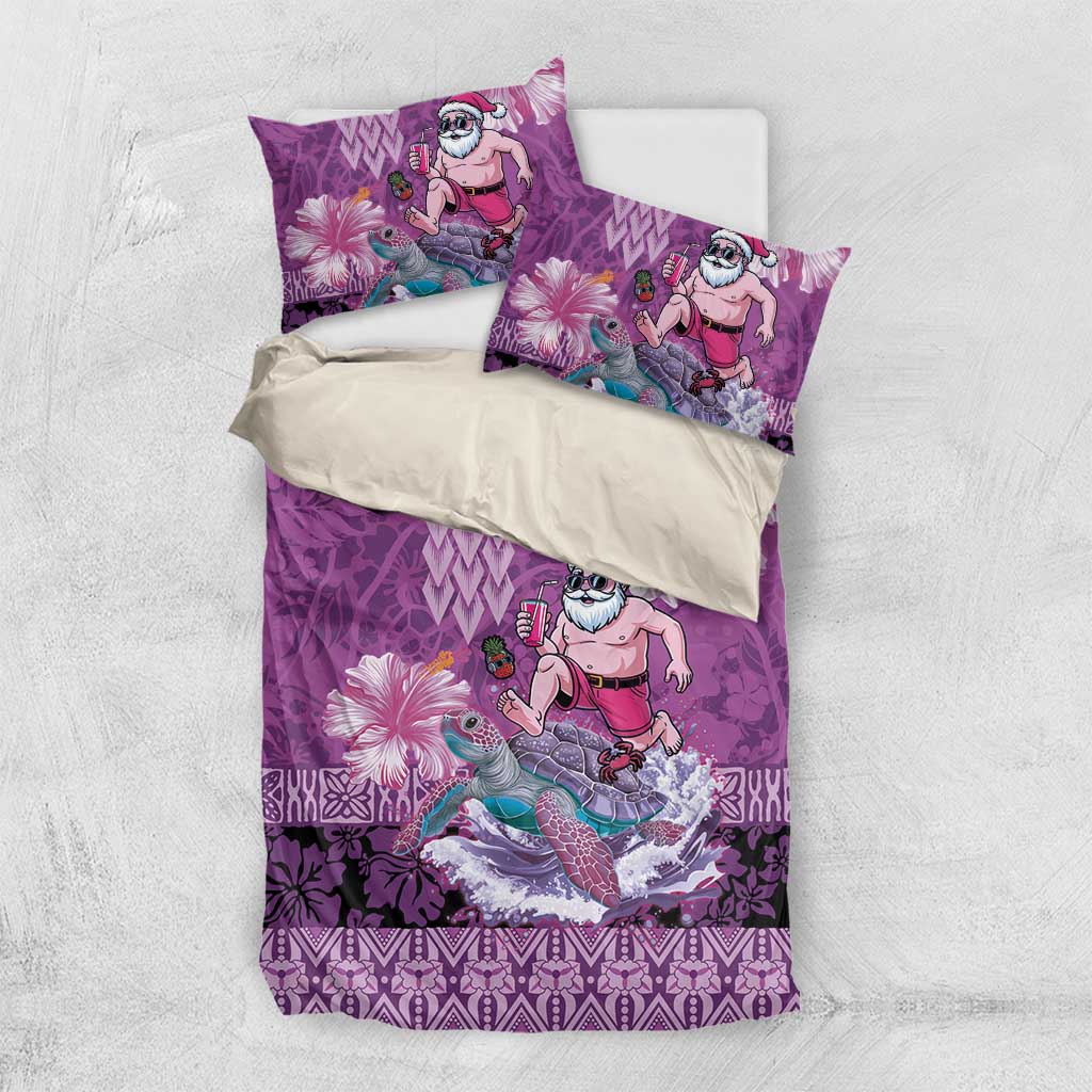 Hawaii Mele Kalikimaka Bedding Set Funny Santa with Tribal Tattoos Kakau Purple Color LT03 US Twin 172cm x 218cm Purple - Polynesian Pride